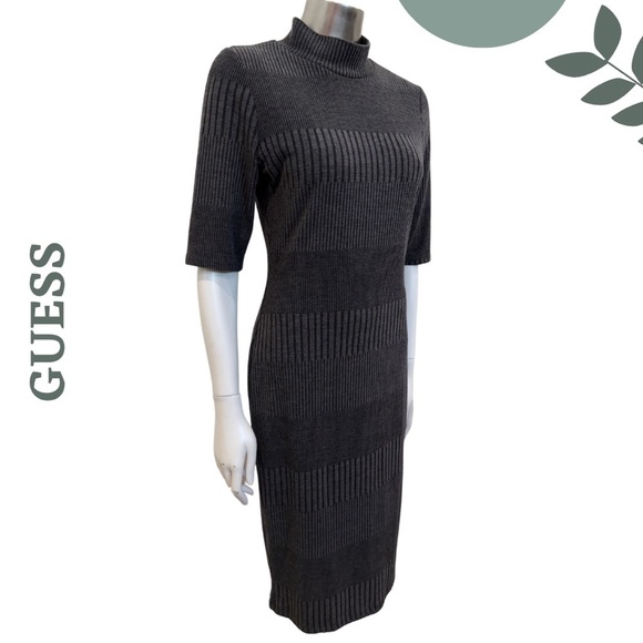 GUESS Charcoal Ribbed Knit Midi Sweater Dress Short Sleeve - Size Large - Picture 3 of 7